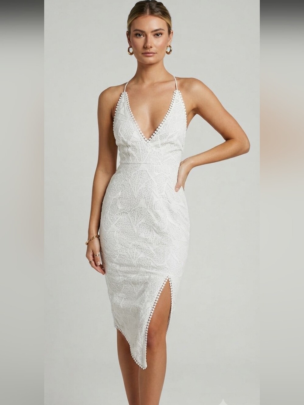 Selfie Leslie Fearless Dress Size S White Embroidered Lace-Up Back Asymmetrical